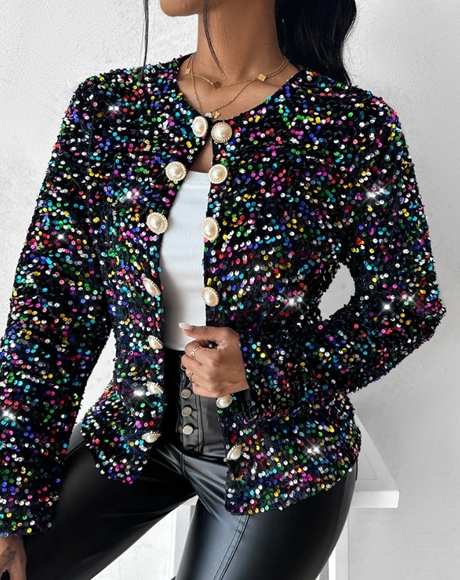 Women's Elegant Colorful Allover Sequin Buttoned Coat Temperament Commuting Female Casual Long Sleeve Round Neck Fashion Coats