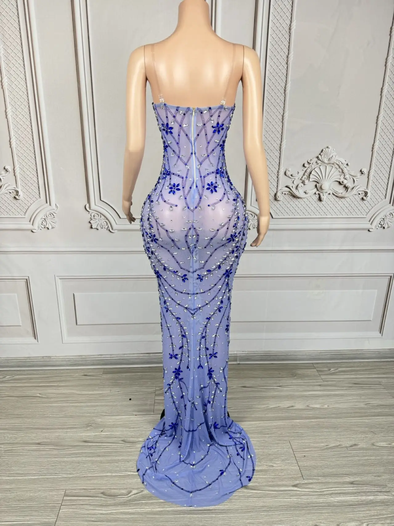 Qinghua Blue Sparkly คริสตัล Sheer ตาข่ายชุดยาวปิดไหล่เซ็กซี่สุภาพสตรีผอมชุดราตรีวันเกิด Party ถ่ายภาพสวมใส่