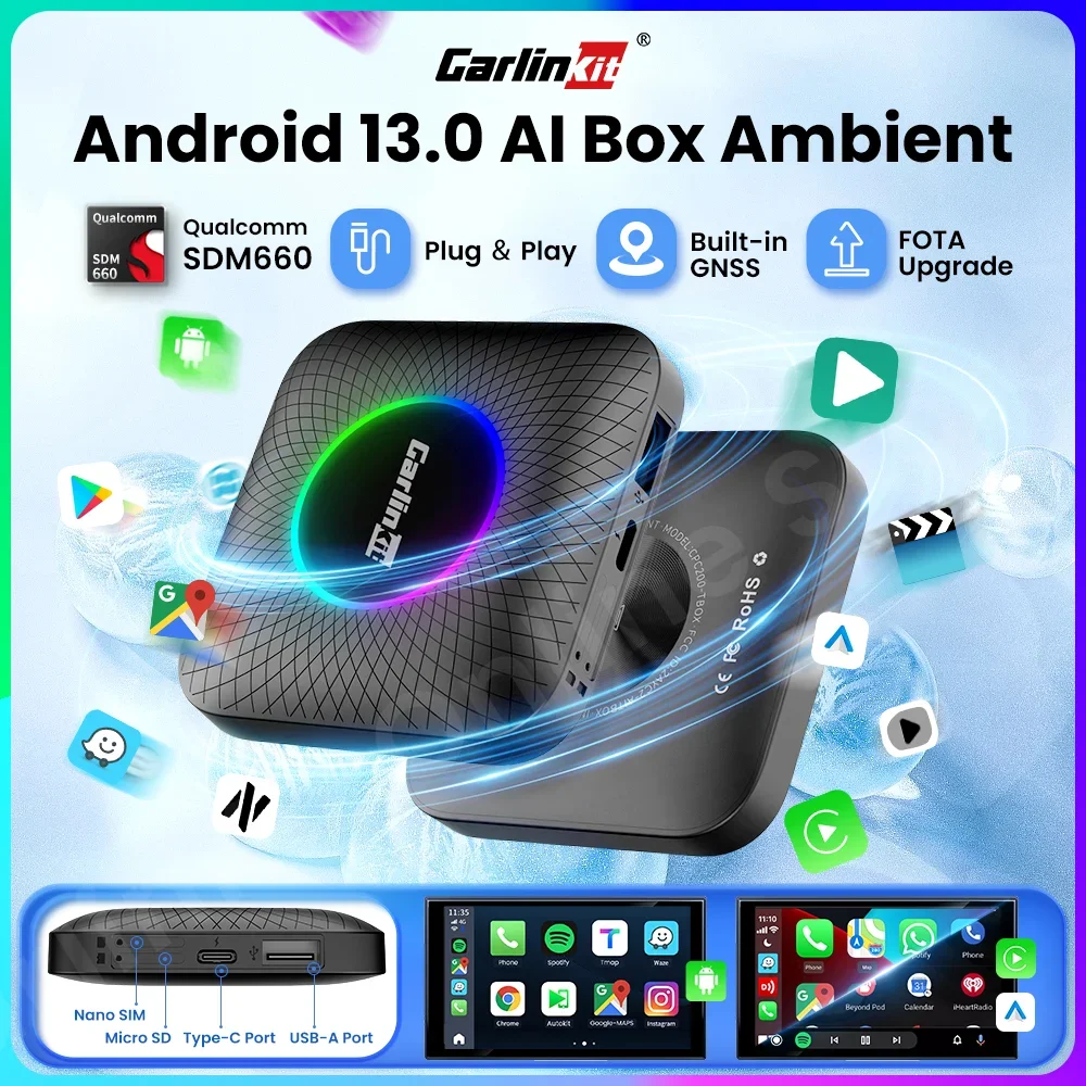 Carlinkit Tv Box SDM660 Qualcomm 8 Core Android 13 CarPlay Android Auto Wireless Adapter Support Online Video USB-A Port Youtube