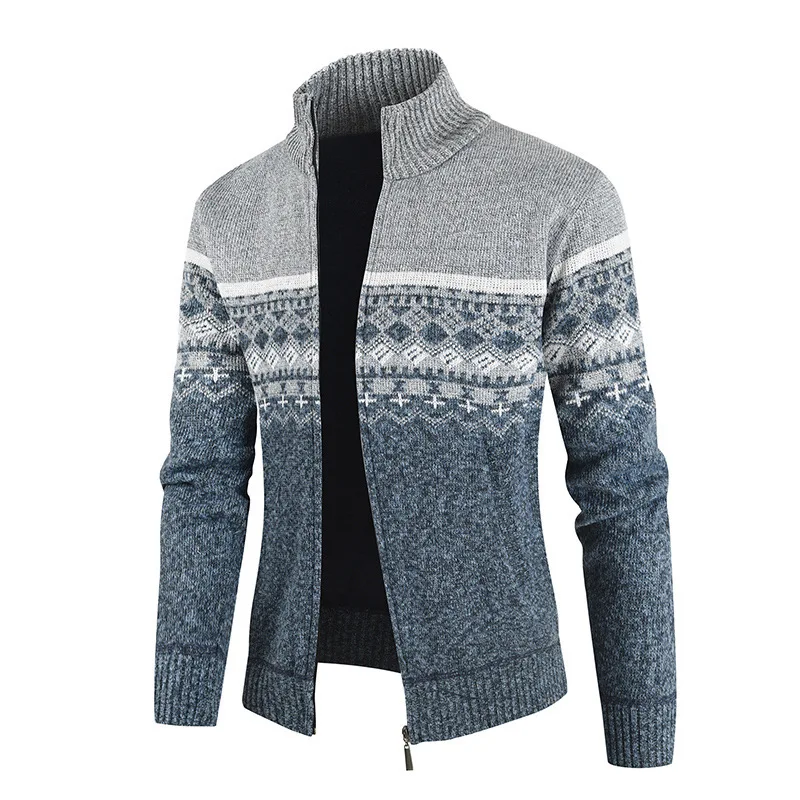 Men's Top Foreign Trade New Men's Zipper Cardigan Color Matching Casual Knitted Sweater Stand-up Neck Sweater