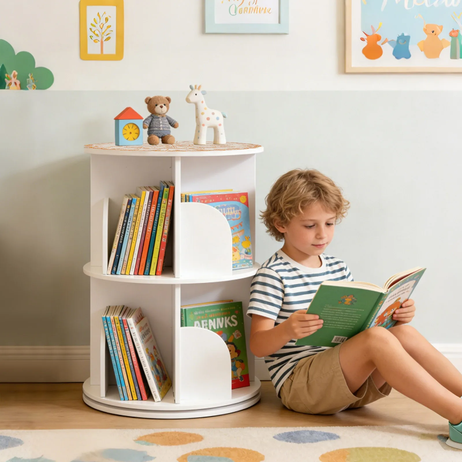 

Двухуровневая вращающаяся книжная полка для детской комнаты 360° ° Бесшумный вращающийся книжный шкаф с большим объемом хранения, отдельно стоящая витрина из ПВХ