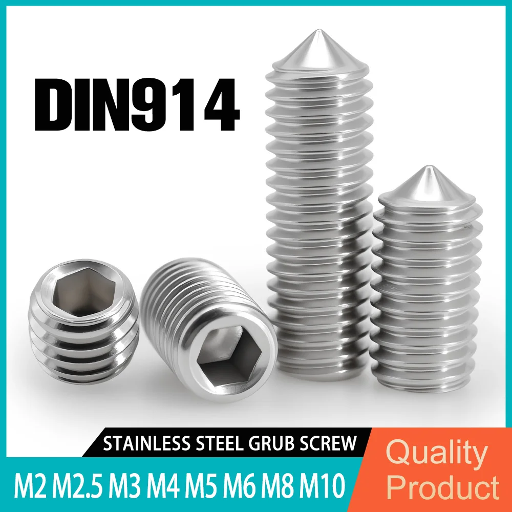 M2 M2.5 M3 M4 M5 M6 M8 M10 Socket Set Screw DIN914 304 Stainless Steel Hex Hexagon Socket Allen Head Cone Point Grub Screws
