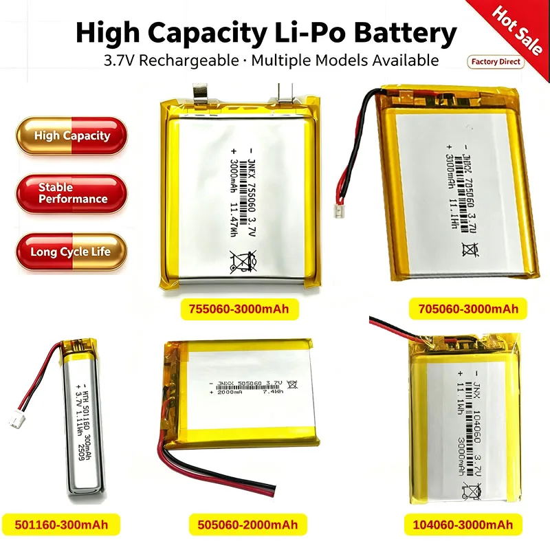 3.7V LiPo Battery 104060 501160 505060 705060 755060 300mAh 2000mAh 3000mAh Polymer Lithium Battery PH2.0 Connector Nickel Tabs