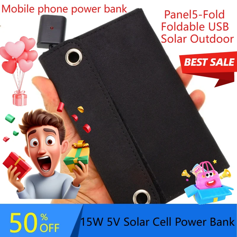 

Panel5-Fold Foldable USB Solar Outdoor 15W 5V Solar Cell Power Bank Charger For Climbing Camping Hiking Phone Mobile Charger