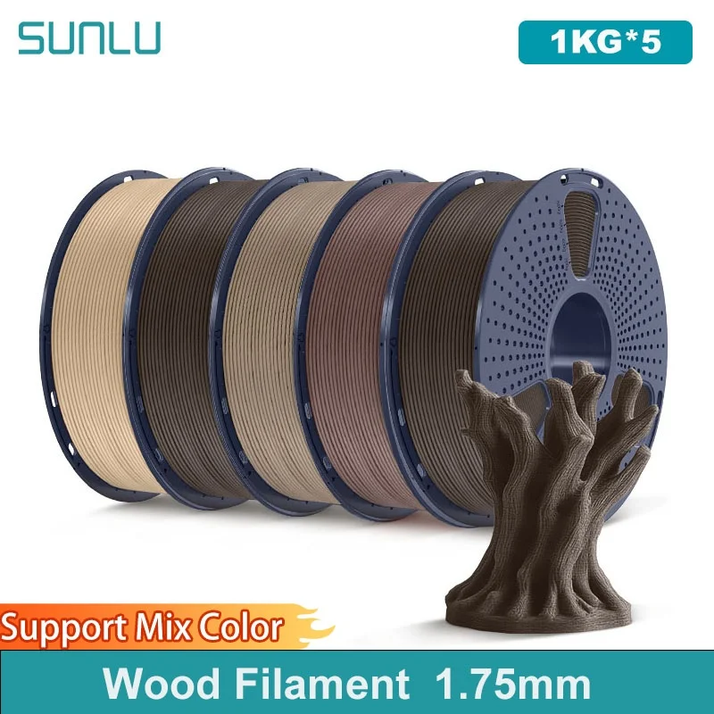 

SUNLU 5 кг, множественная деревянная нить, текстура дерева, нить для 3D-принтера PLA, 1,75 мм, 1 кг/катушка, подходит для большинства 3D-принтеров FDM