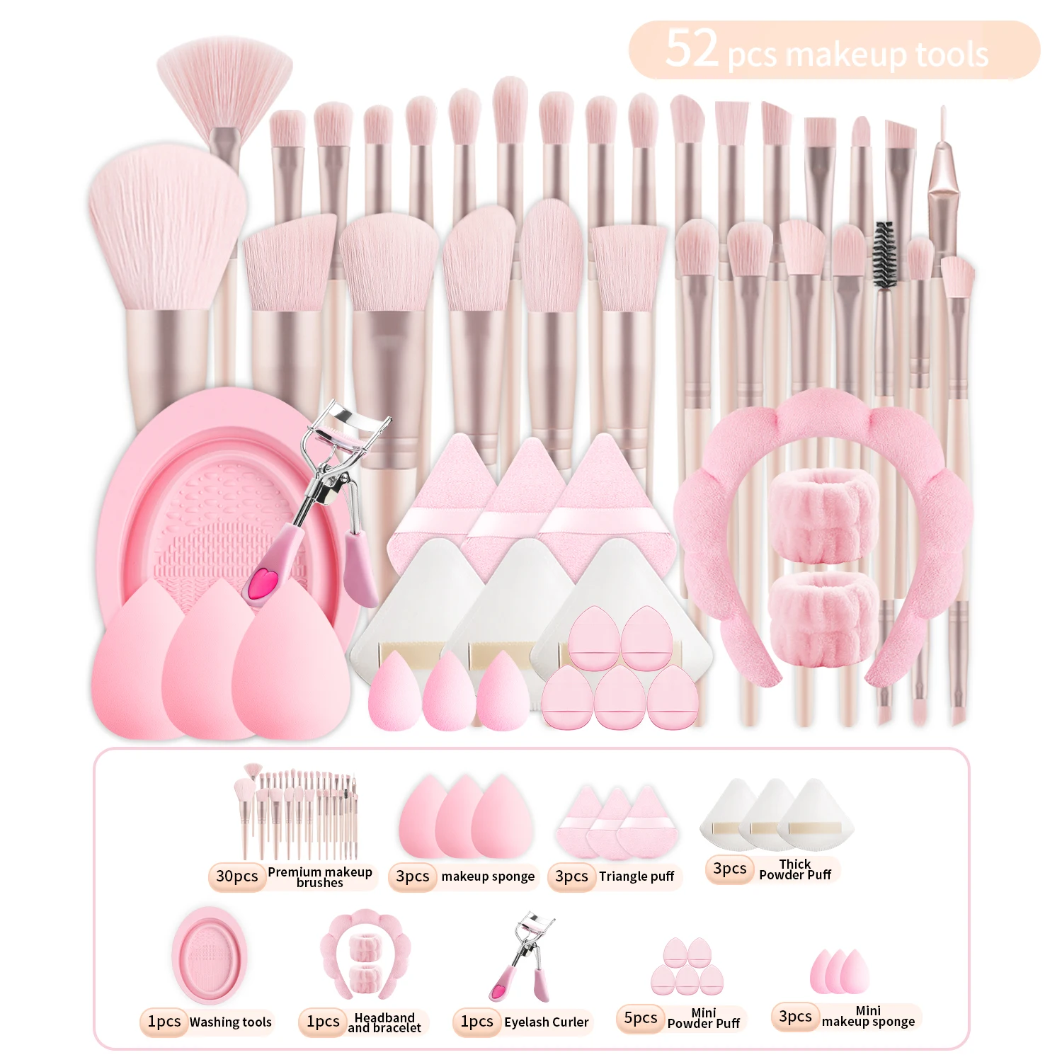 52Pcs Makeup Tool Set with 30 Makeup Brushes, Powder Brush, Foundation Brush + Sponges, Puffs, Eyelash Curler, Face Wash Headban