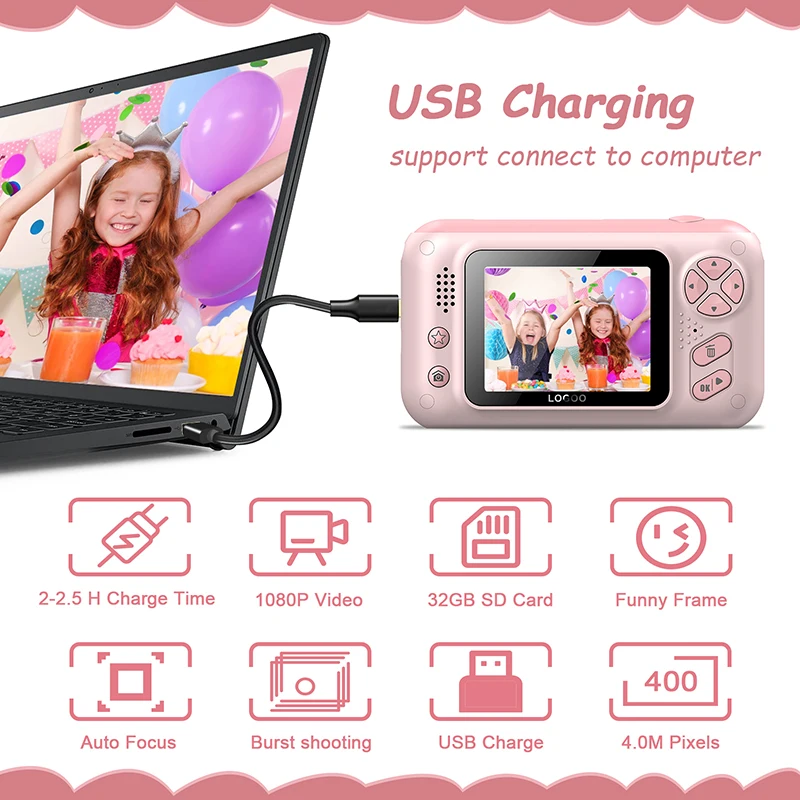 Kids Pink Camera Digital Video Toy for Children Girls Boys Toddler Birthday Christmas Gift Teenage Presents Outdoor Blue Red