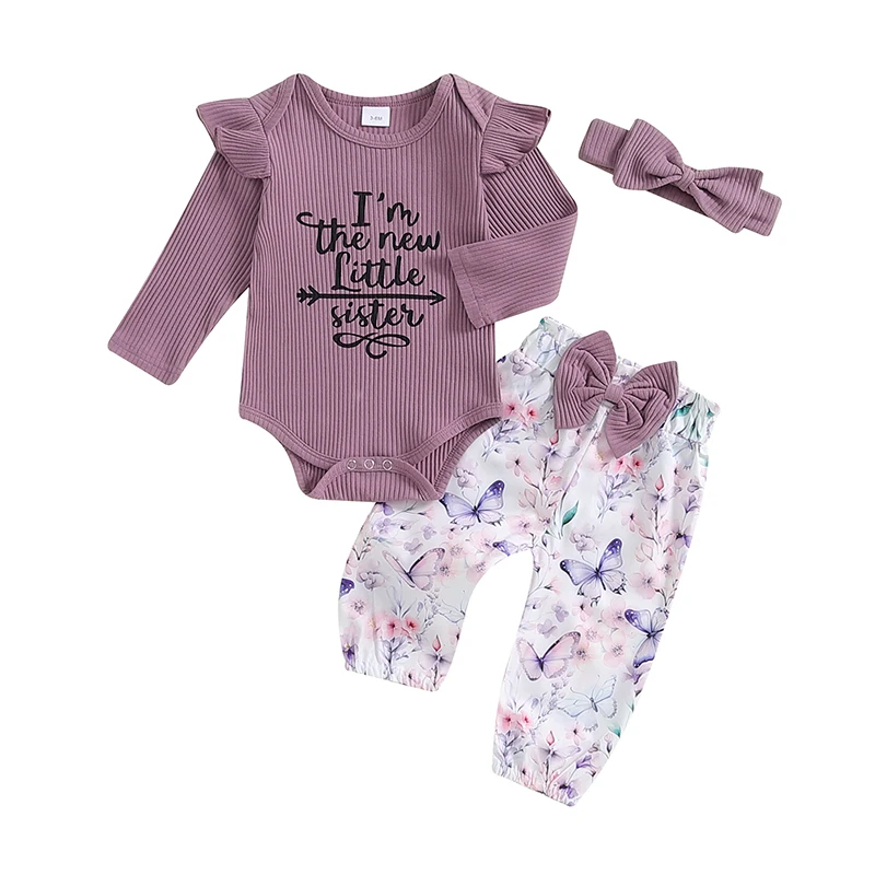 Baby Girl Clothes Newborn Letter/Hello World Outfit Long Sleeve Romper Pants Set Preemie Baby Girl Headband 3Pcs Clothes Set