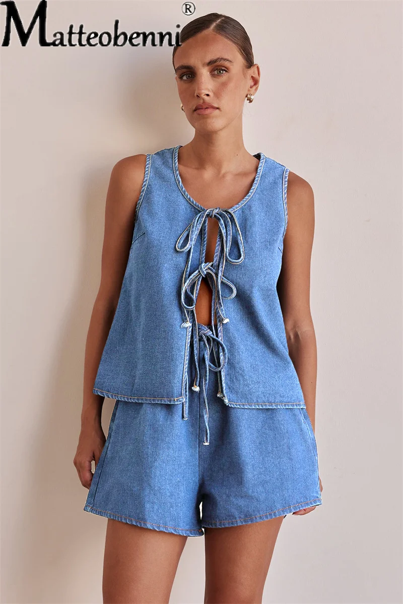 

Summer Sleeveless Two Piece Sets Fashion Women Denim Casual O-Neck Tops Shorts Pants Suit Streetwear 2025 Outfits Lace up Suit