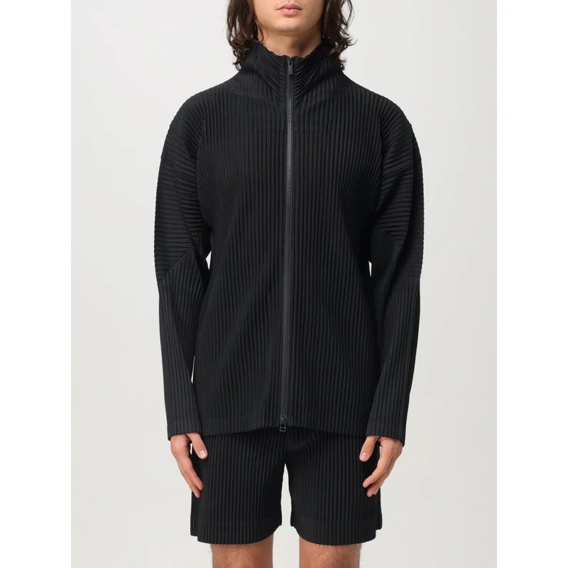 Miyake Pleated Men's Zip Up Jacket Cardigan Plisse Coat Casual Streetwear Two Way Zipper Oversized Japanese Fashion Outerwear