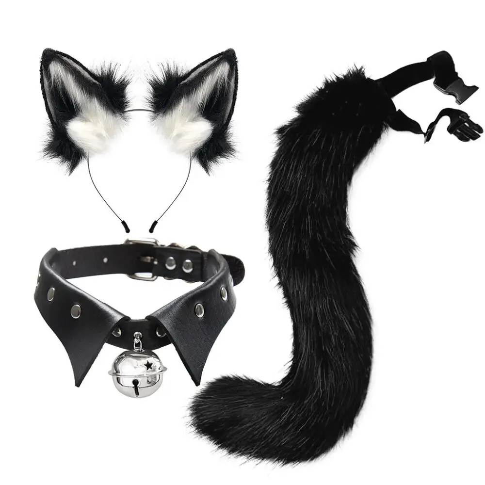 Gothic Style Costumes Props Set Steampunk Collar Style Collar Necklace Headgear Tails 3Pcs Set Fox Animal Cosplay Accessories