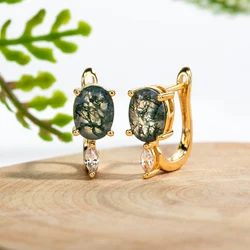 AliMoss 6*8mm 1.5ct Oval Cut Moss Agate Hoop Earrings 925 Sterling Silver CZ Earring for Women Anniversary Birthday Gifts