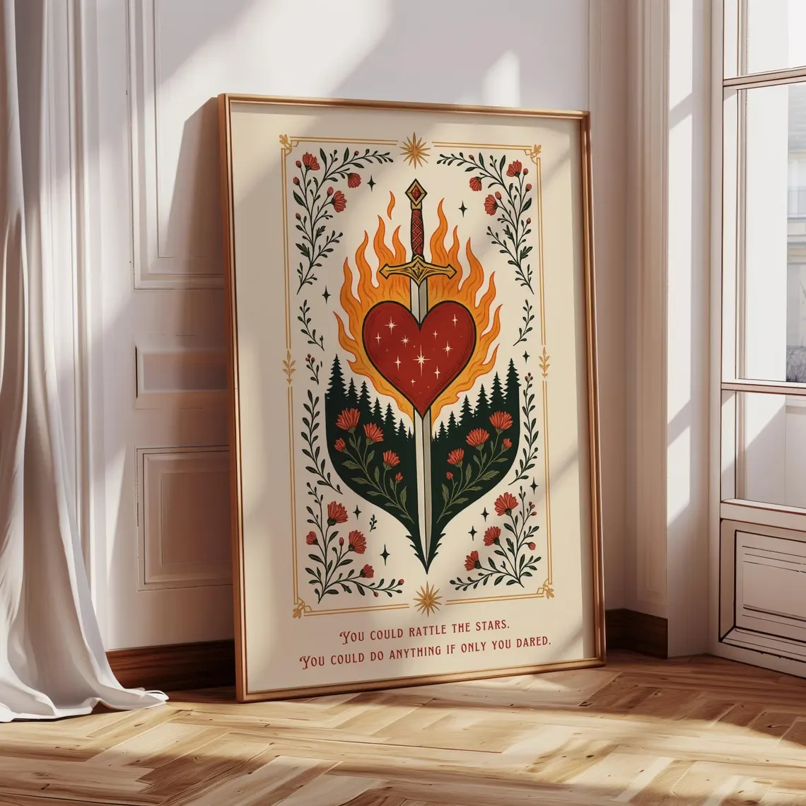 Fireheart Sword Art, Fantasy Bookish Wall Print, Book Lover Gift, Inspirational Quote: You could rattle the stars, Reading Me