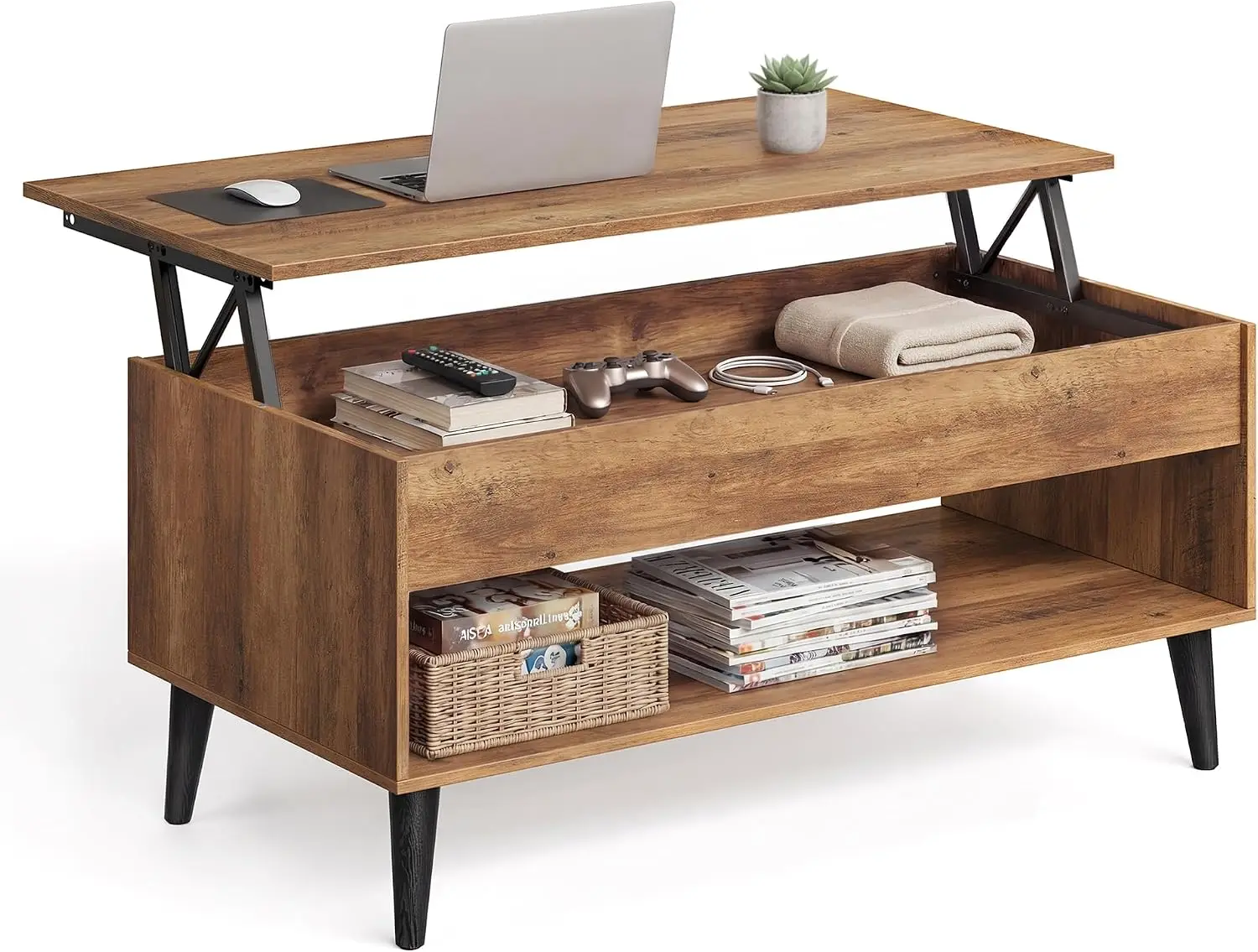 Lift Top Coffee Table, Lift Tabletop Dining Table, Gas Spring, Hidden Compartment, Open Storage Shelf, for Living Room, Home Office, Honey Brown ULCT268KB01S