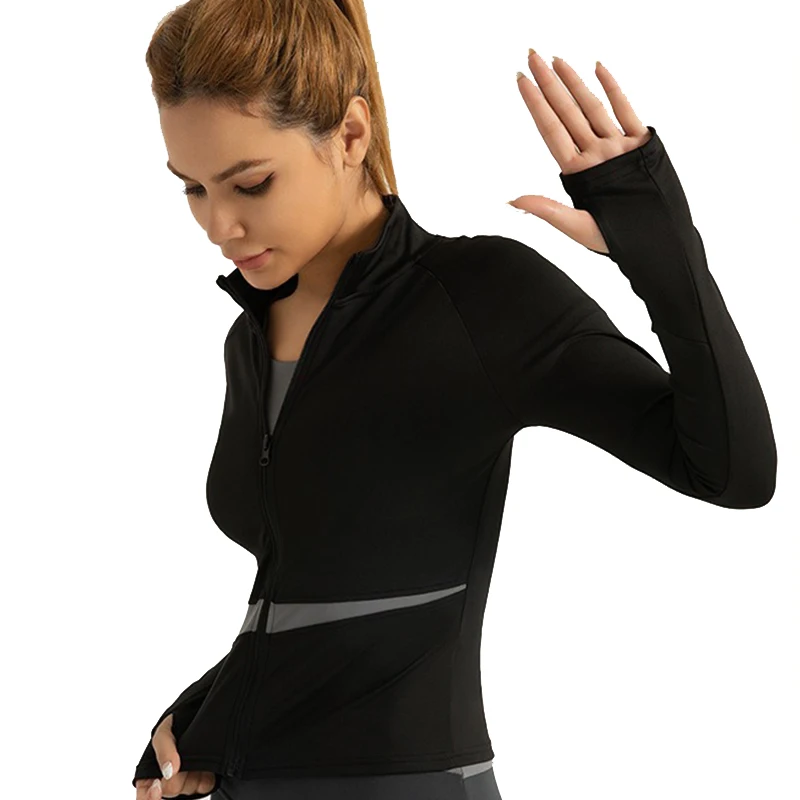 Aiithuug-Jaqueta Feminina de Stand-Up Collar Yoga, Bloqueio de Cores, Casaco com Zíper Completo, Thumbholes, Jaqueta Fitness Respirável, Emagrecedor