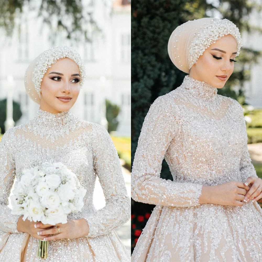 

Customized Exquisite White Organza Wedding Dress High Quality High Neckline Long Sleeves Chapel Train Sequined Bridal Gown