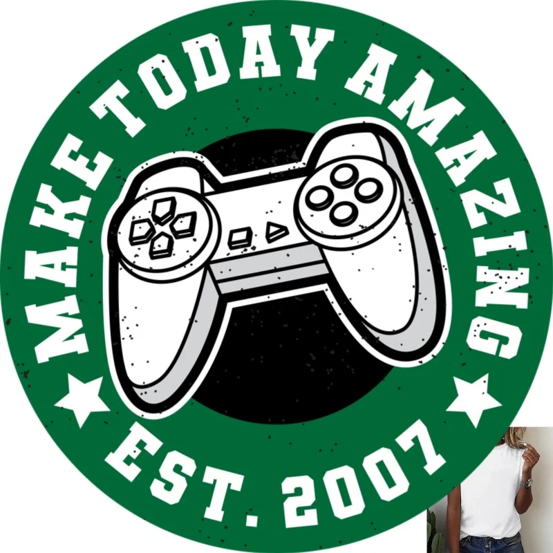 Game Controller Pattern Heat Transfer White Ink Iron - on Patch, with 'MAKE TODAY AMAZING' Text, Trendy Retro Style, Suitable
