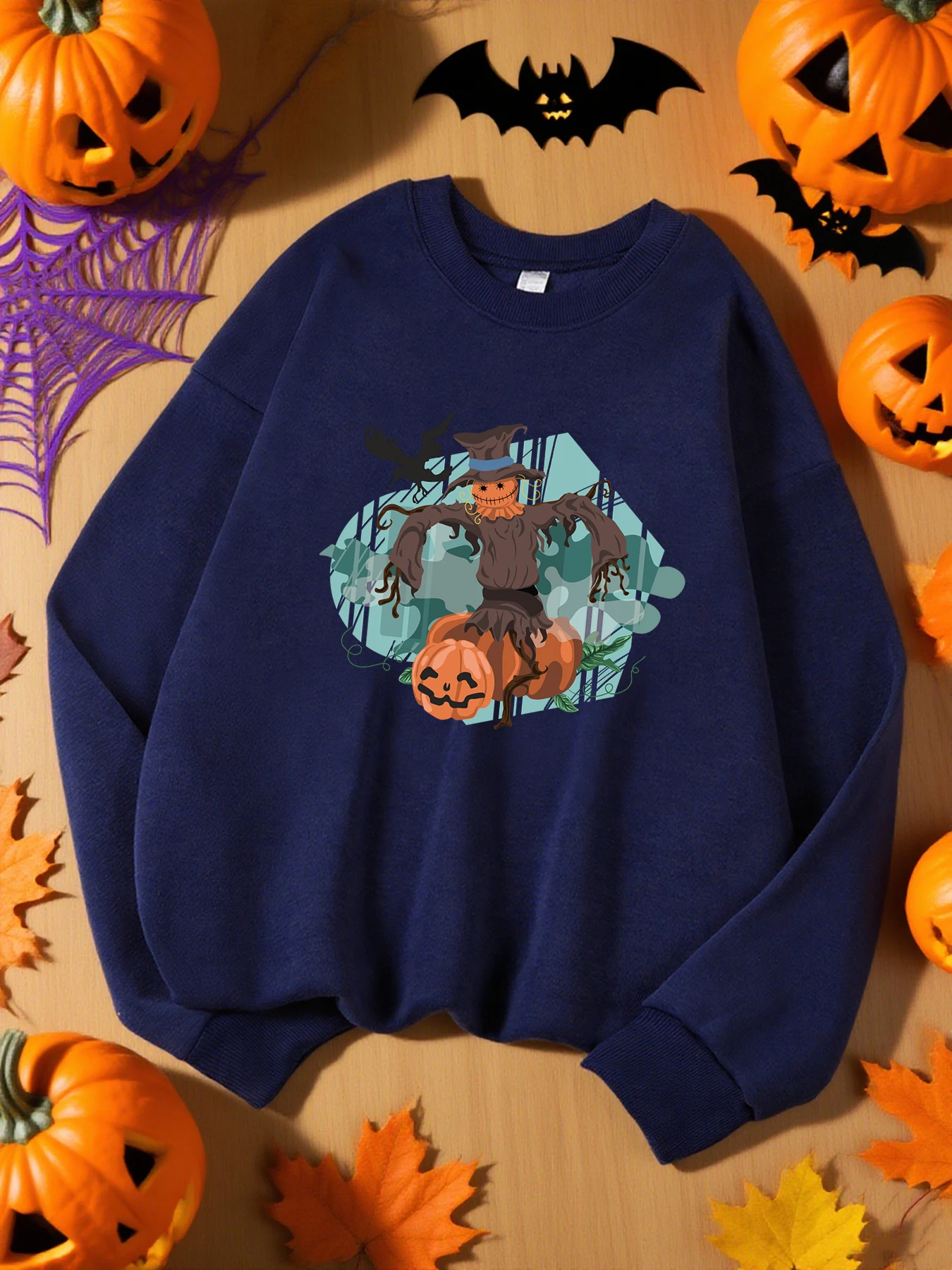 Vogelverschrikker met pompoen, kraai, heksenhoed print vrouw sweatshirts sport fleece kleding O-hals herfst sweatshirts straat casual top