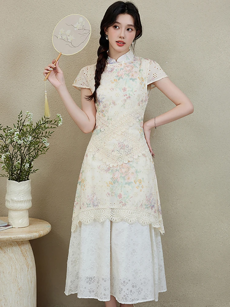 여름 플로럴 시크 레이스 홀터넥 미디 드레스 여성 우아한 캐주얼 페이크 투피스 드레스 2025 한국 바디콘 페스티벌 파티 드레스