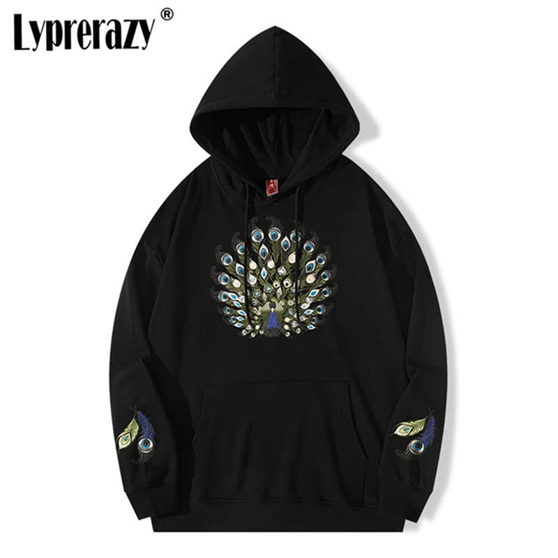 

Lyprerazy New Autumn Winter Peacock Embroidery Men Hoodies Sweatshirts Chinese Style Oversize Cotton Hooded Pullover