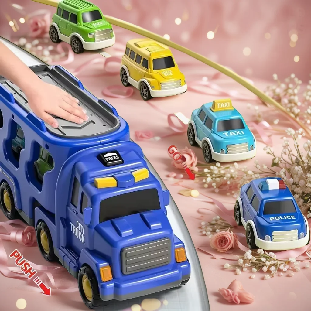 شاحنة حاملة متعددة الوظائف للأطفال: هندسة، إطفاء، مركبات شرطة مع قوة احتكاك، صوت وضوء، بالإضافة إلى تخزين