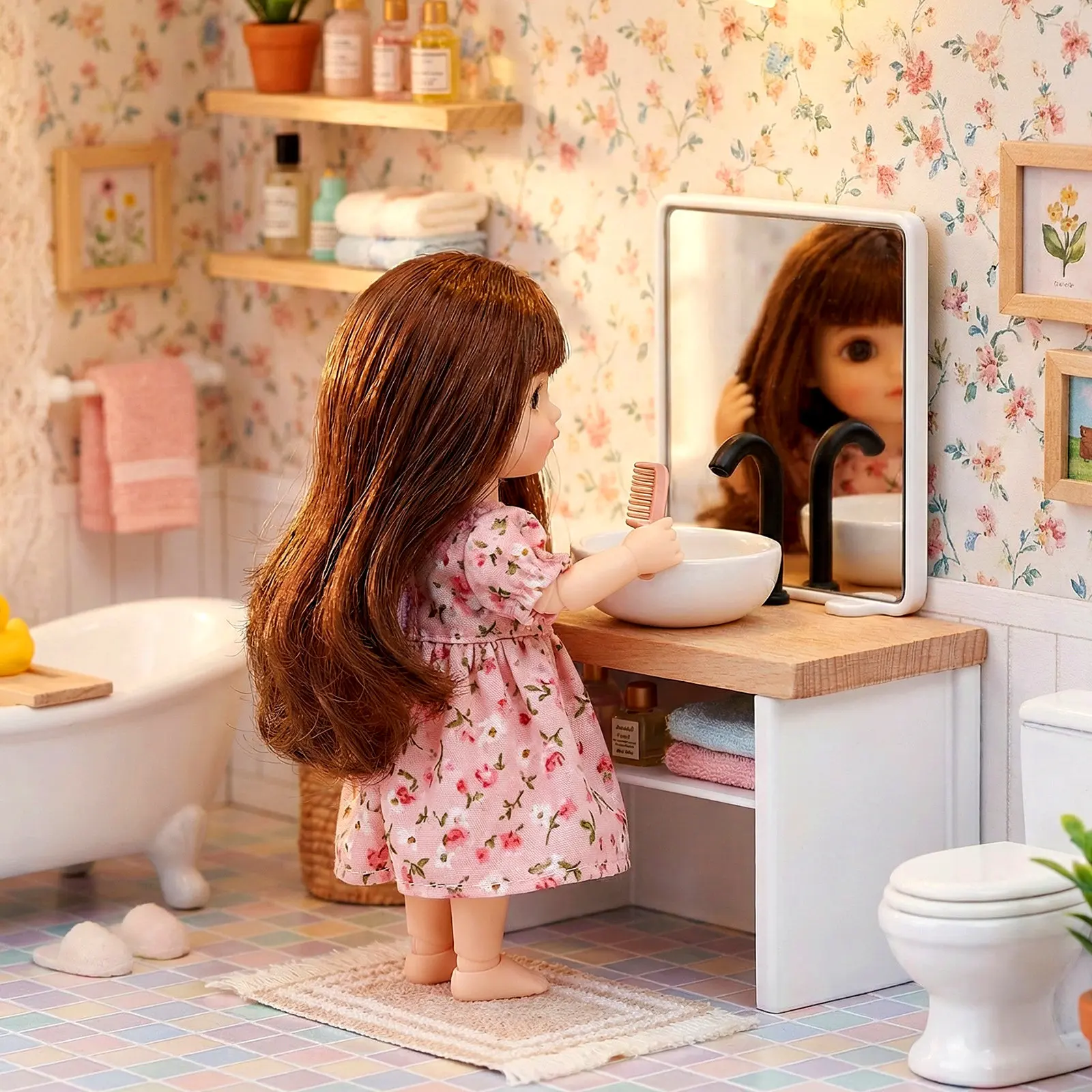 

1Set Miniature Dollhouse Bathroom Accessories 1:12 Scale Bathroom Vanity Unit Sink Tub Toilet for Creative Role Playing and