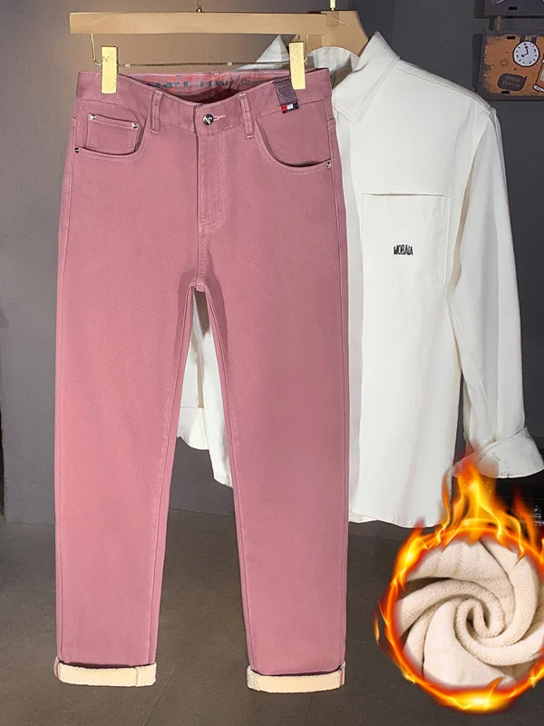 

High-End Fce-Lined Thi Denim Jeans Men's Slimming Stretchy Busin Casual Trendy Brand Autumn Winter New Straight Leg P...