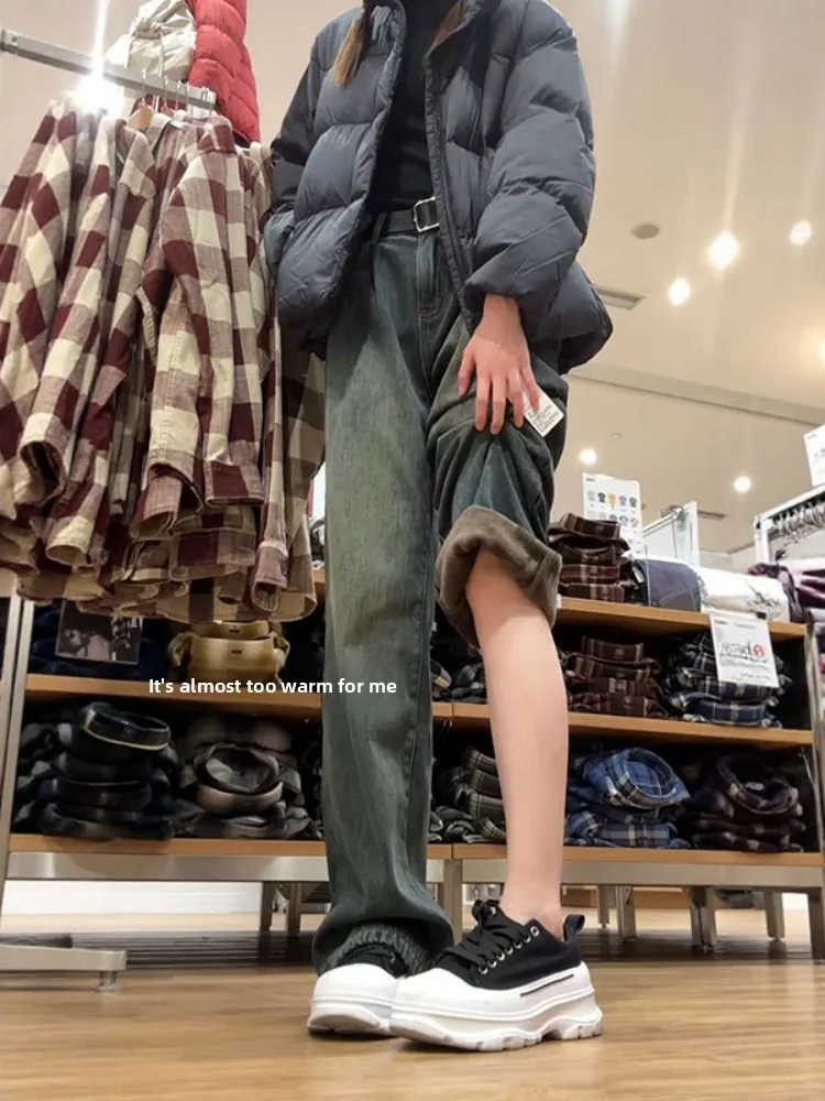 

Американские джинсы из денима на флисовой подкладке для женщин больших размеров, свободные, прямые, широкие брюки, повседневные, с высокой талией