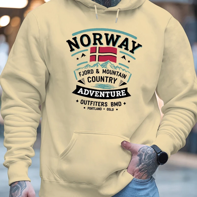 norway print Autumn winter models Men's Fleece windproof Warm Cotton Oversized Hoodie Outdoor Commuter Men's High Elastic top