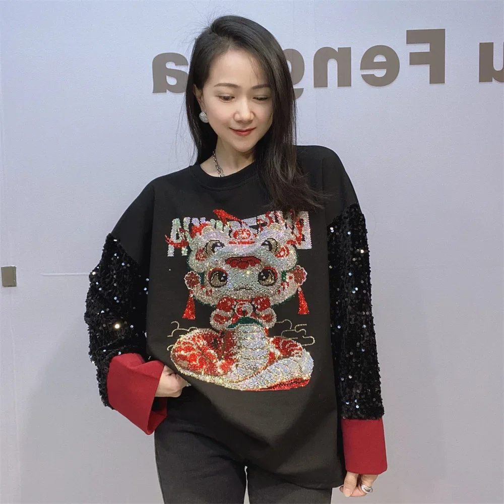 Casual Space Cotton T Shirts Women Clothing Chinese Style Snake Diamonds Sequins Embroidery Patchwork Sleeve Loose O Neck Tops