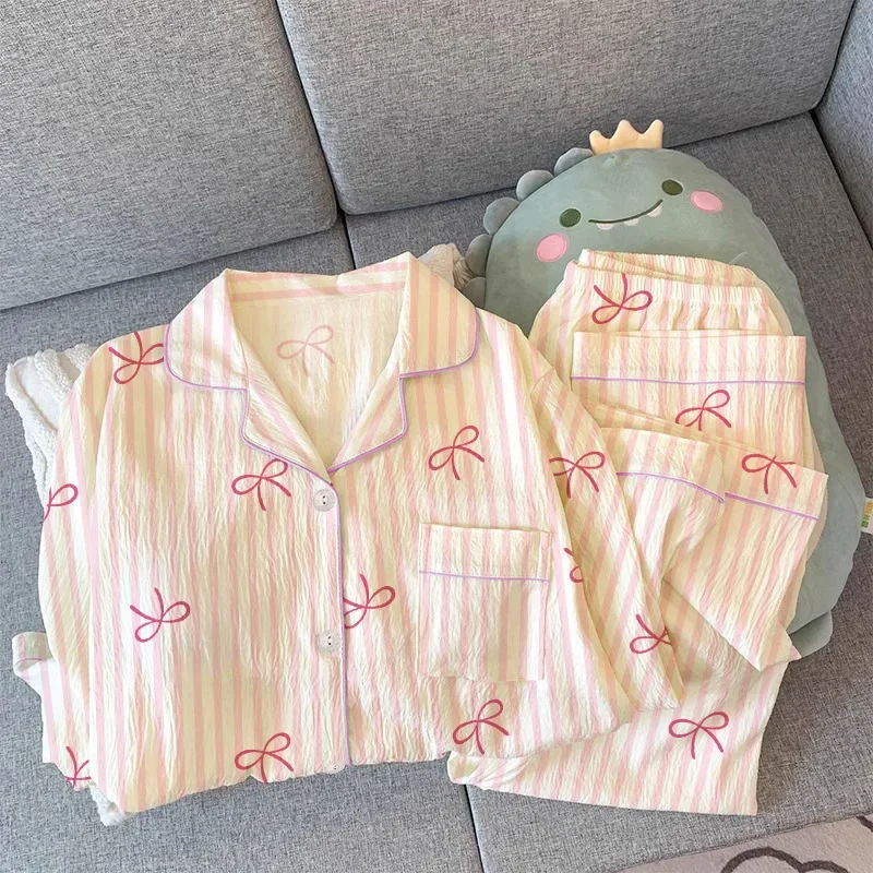 New 2/pce Set Women Autumn Spring Bow Pajama Girls Casual Long Sleeve Pants Wrinkled Fabric Loungewear Lady Pink Collar Pajama
