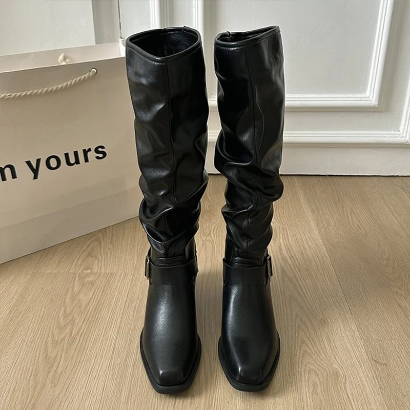 امرأة أحذية الركبة عالية حذاء بكعب سميك أحذية الشتاء الاتجاه الشرير القوطية جديد جلد موضة أحذية نسائية 2025 ماركة دراجة نارية بوتاس #5