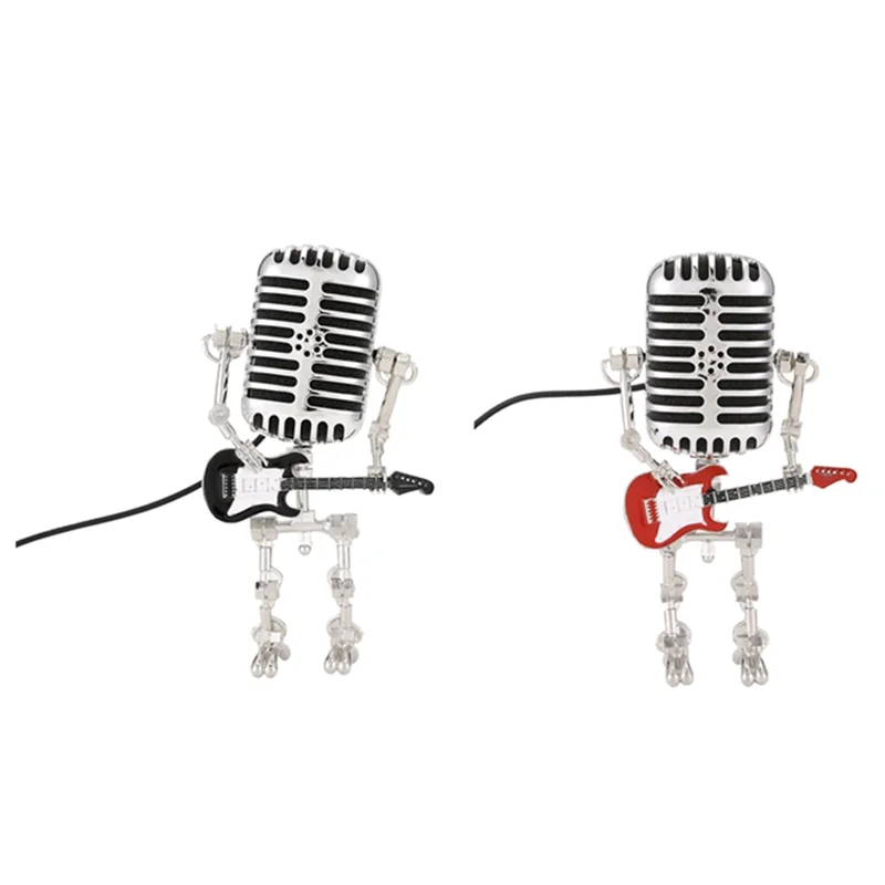 A71Z 2Pc Mic Rockbot,Metal Microphone Robot Table Lamp Holding Guitare Vintage Night Light,Vintage Microphone Robot Desk Lamp