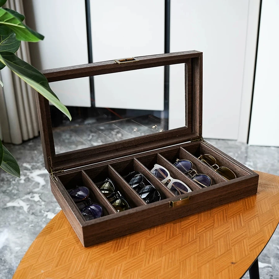 Eyeglass Storage Box, Wood Grain PU Leather 6-5 Slot Sunglasses Collection Display Case, Vintage Dustproof Box