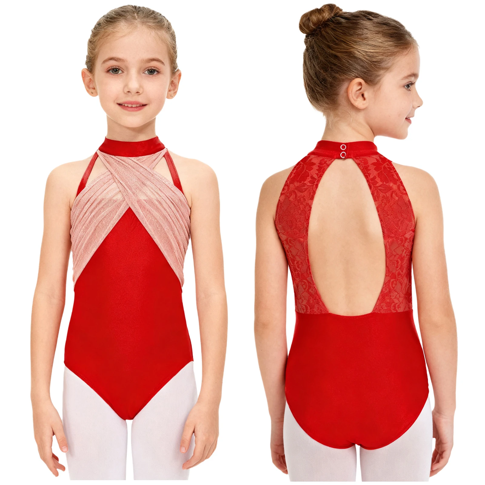 キッズガールズバレエレオタードフィギュアスケートダンス体操ユニタードノースリーブキラキラメッシュオーバーレイボディスーツバレリーナダンスウェア