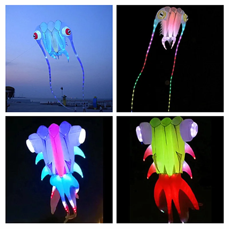 

free shipping 20m led octopus kites flying trilobites kite for adults kite string line windsurfing led fish kites with battery