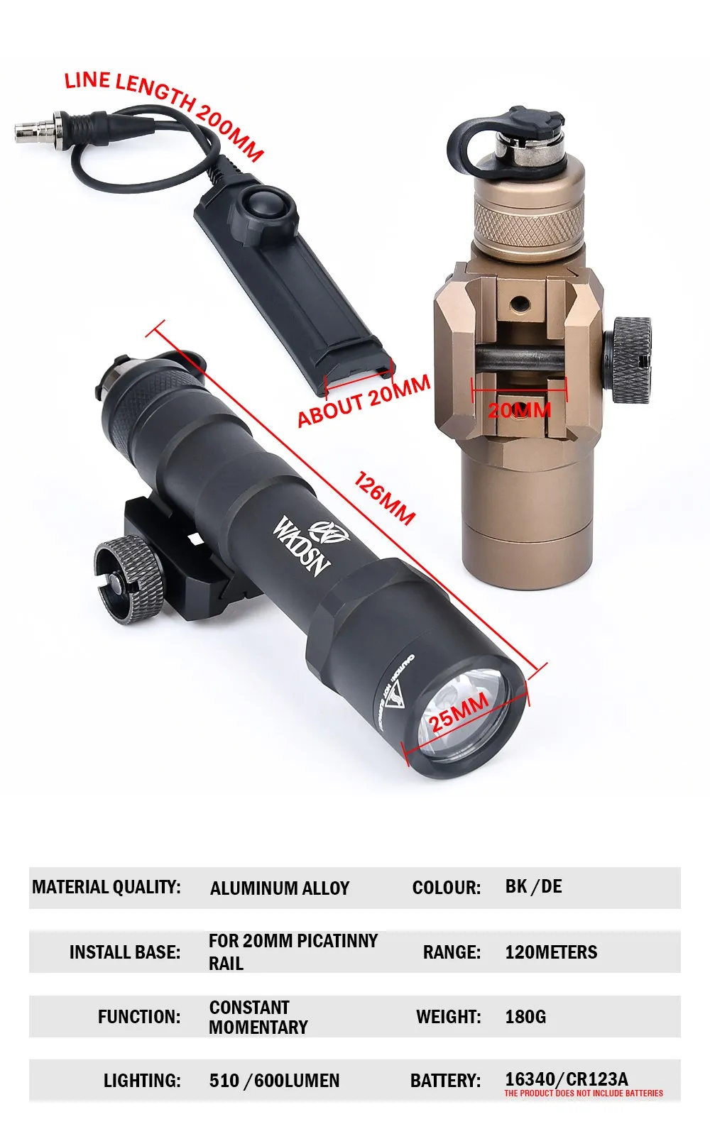 Wadsn M600 M600B senter taktis kuat, senter taktis dengan saklar fungsi ganda M300B senapan berburu senjata Pramuka cocok dengan rel 20mm