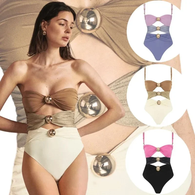 

Sexy Swimsuit Set Street Style Casual One Piece Patchwork Cutout Shiny Wire Free Solid Swimwear Women Beachwear Bathing Suit