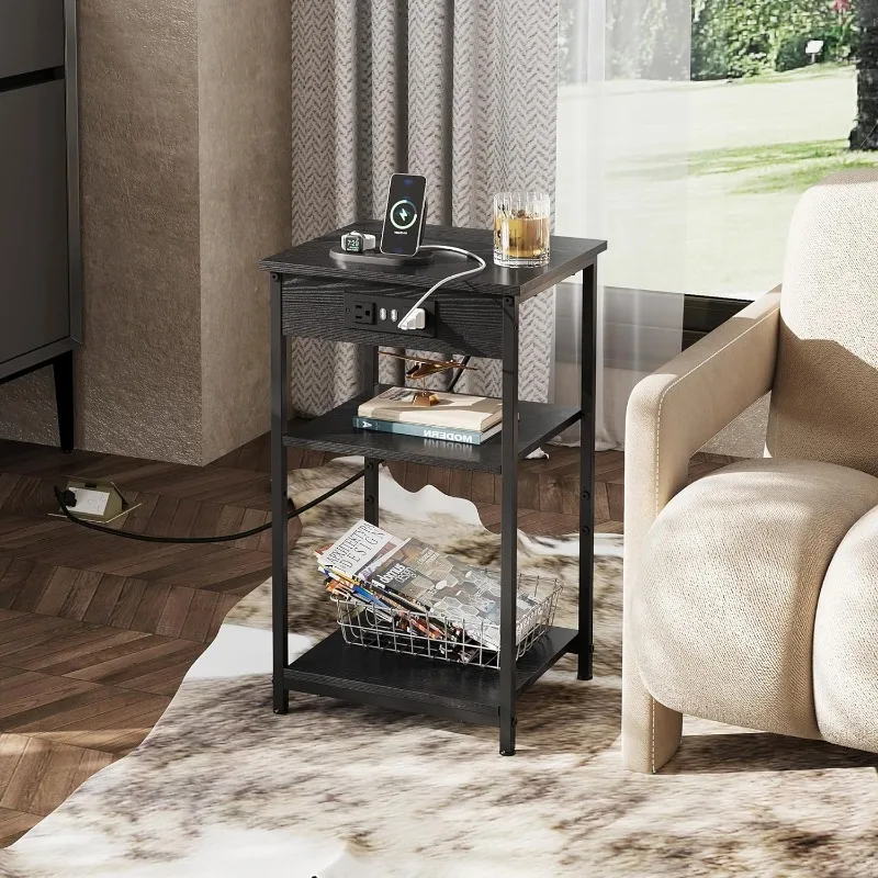 End Table with Charging Station and USB Ports, 3-Tier Side Table with Adjustable Shelf, Side Table with Outlet for Small Spaces