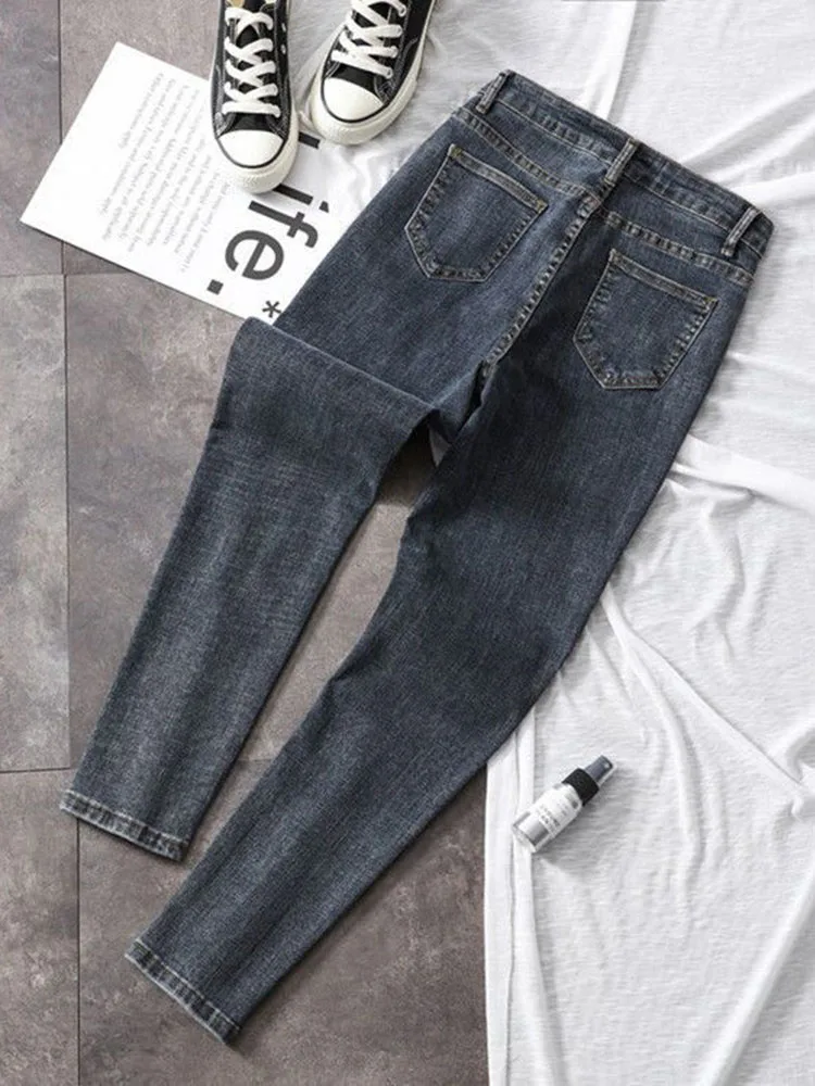 Moda coreana magro lápis jeans primavera outono casual estiramento vintage denim calças femininas streetwear kot pantolon magro vaqueros