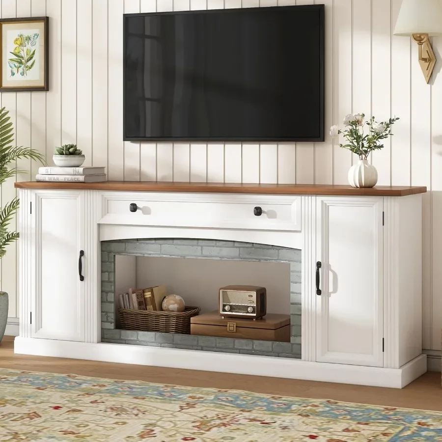 Elegant walnut TV stand with gray brick accents for TVs up to 70, contemporary sideboard with drawer, adjustable shelves, styli