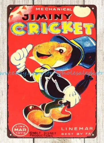 reproduction signs LINEMAR WIND-UP JIMINY CRICKET HOPPING TOY metal tin sign