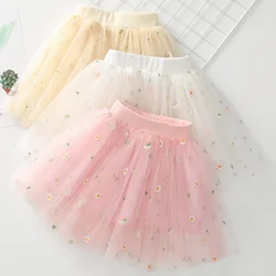 2024 Summer New Infant Girls Floral Embroidered Mesh Tutu Skirt Kids Faldas Soft Tulle Miniskirt for Girls Dance Skirt 2-8T