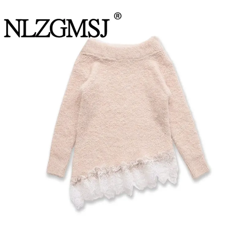 NLZGMSJ 2026 Frühling Casual Stricken Frauen Pullover Langarm Slash Neck Spitze Patchwork Tops Mode Elegante Lose Pullover