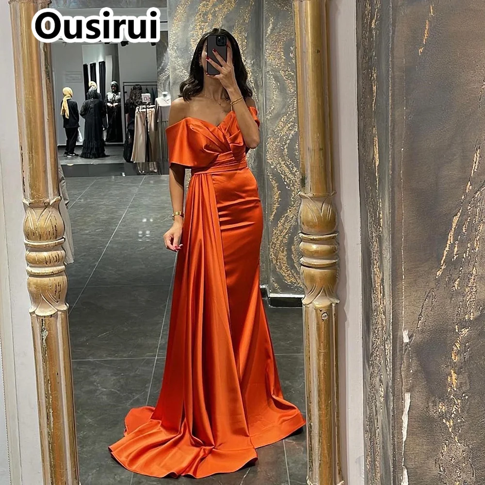 OSUIRUI Off the Shoulder Satin Solid Evening Dress for Women Mermaid Court Backless Prom Gown with Sweep Court robes de soirée