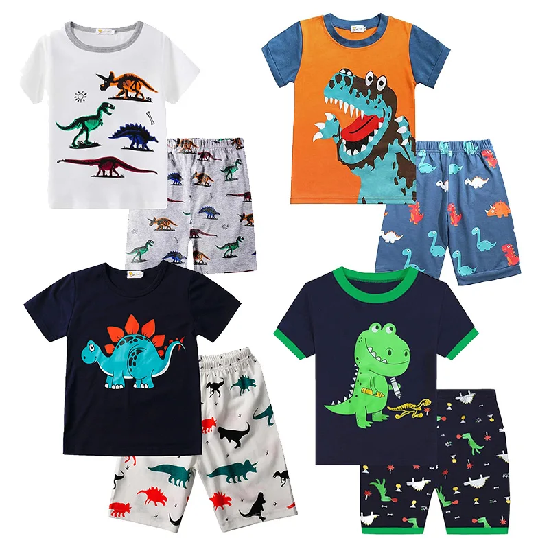 Little Hand Boys Summer Pajamas Pjs Dinosaur Pattern Short Sleeve Pjs Sets 100% Cotton Kids Loungewear Homewear for 2-7 Years