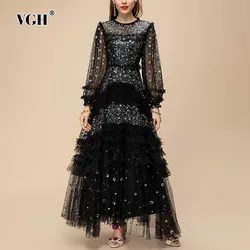 VGH Solid Patchwork Squins Elegant Mesh Dress For Women Round Neck Long Sleeve High Waist Temperament Long Dresses Female New