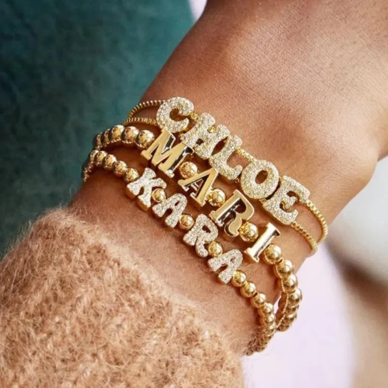 Custom Zircon Name Bracelet 3D Bubble Letter Golden beads Bracelet Name Pendant 26 Initial Letter Jewelry for Her Gift For Mom