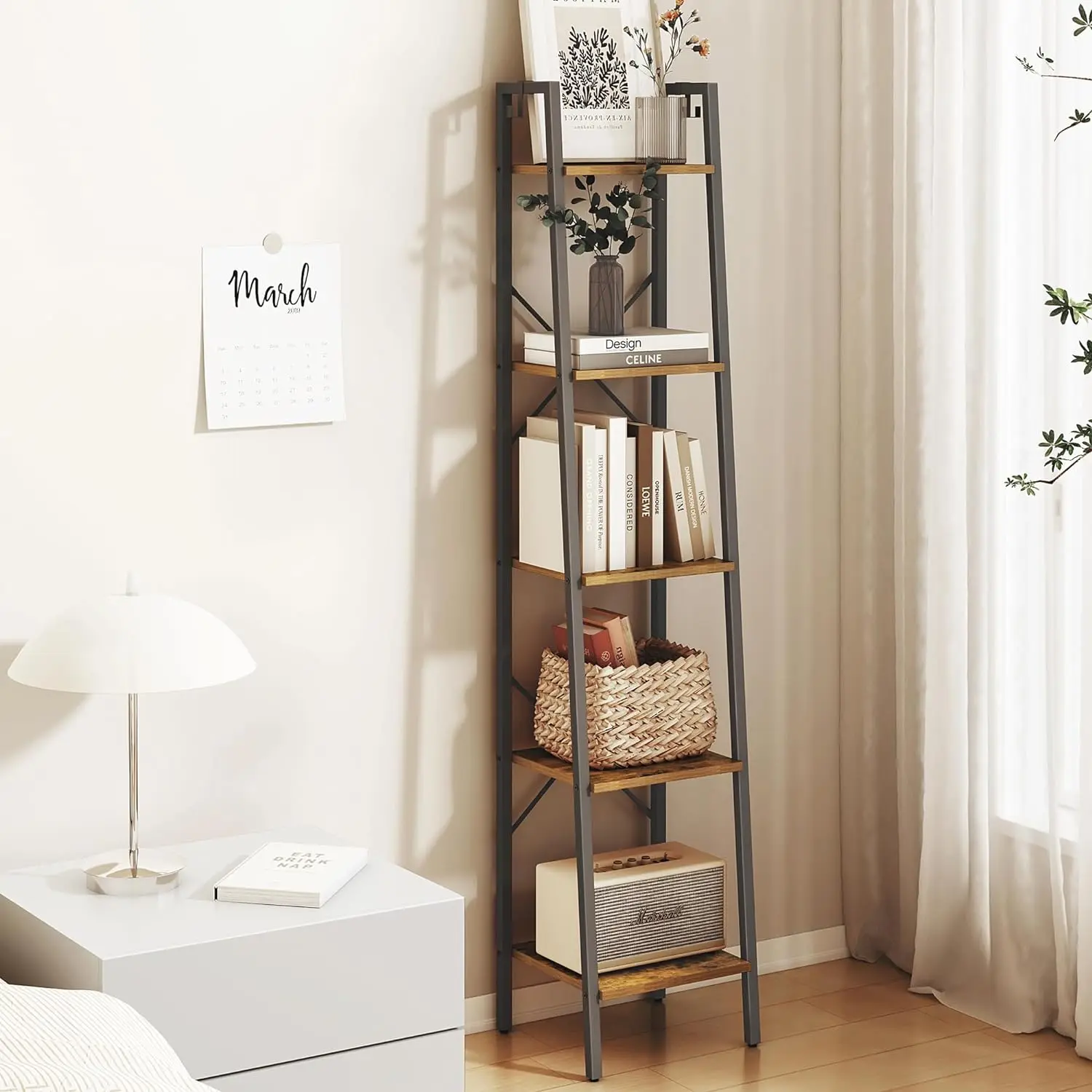 

Ladder Shelf, Bookshelf Bookcase, Freestanding Corner Storage Shelve with 2 Hooks for Home Office, Living Room, Kitchen, Bedroom