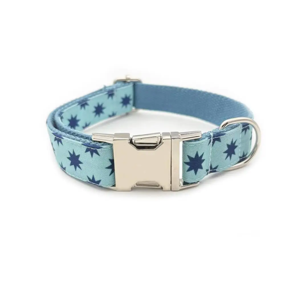 Personalized Dog Collar with Free Engraving, Matching Pet Leash,Customzied Contacts Metal Buckle, Light Blue Stars Pet Collar
